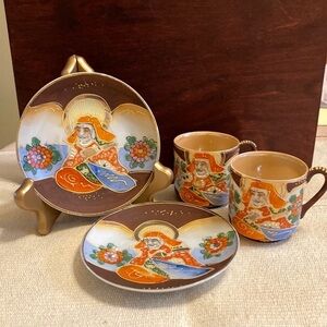 Vintage Japan Satsuma pair hand-painted plates and cups